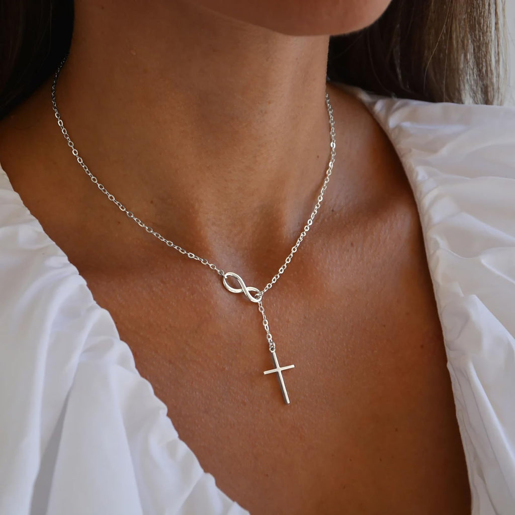Christian Gifts for Women Cross Necklace for Women 14K Gold/Silver Plated Infinity Long Charm Necklace Trendy Non Tarnish Waterproof Jewelry Religious Baptism Faith Gifts Christmas Stocking Stuffers