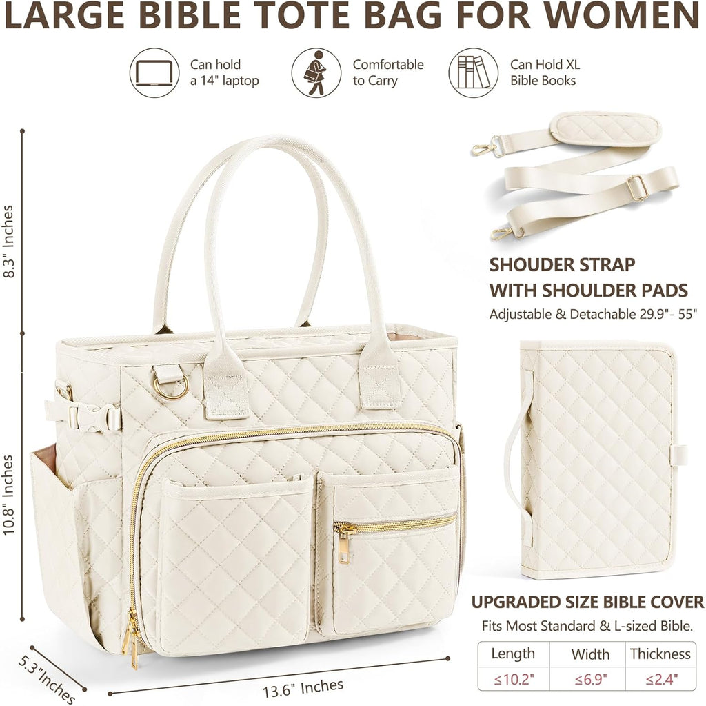 Large Bible Bag with Bible Cover Case for Women, Quilted Church Tote Bag Bible Carrying Case w/Shoulder Strap, Bible Study Supplies Journaling Kit Bible Accessories Christmas Christian Gifts for Women