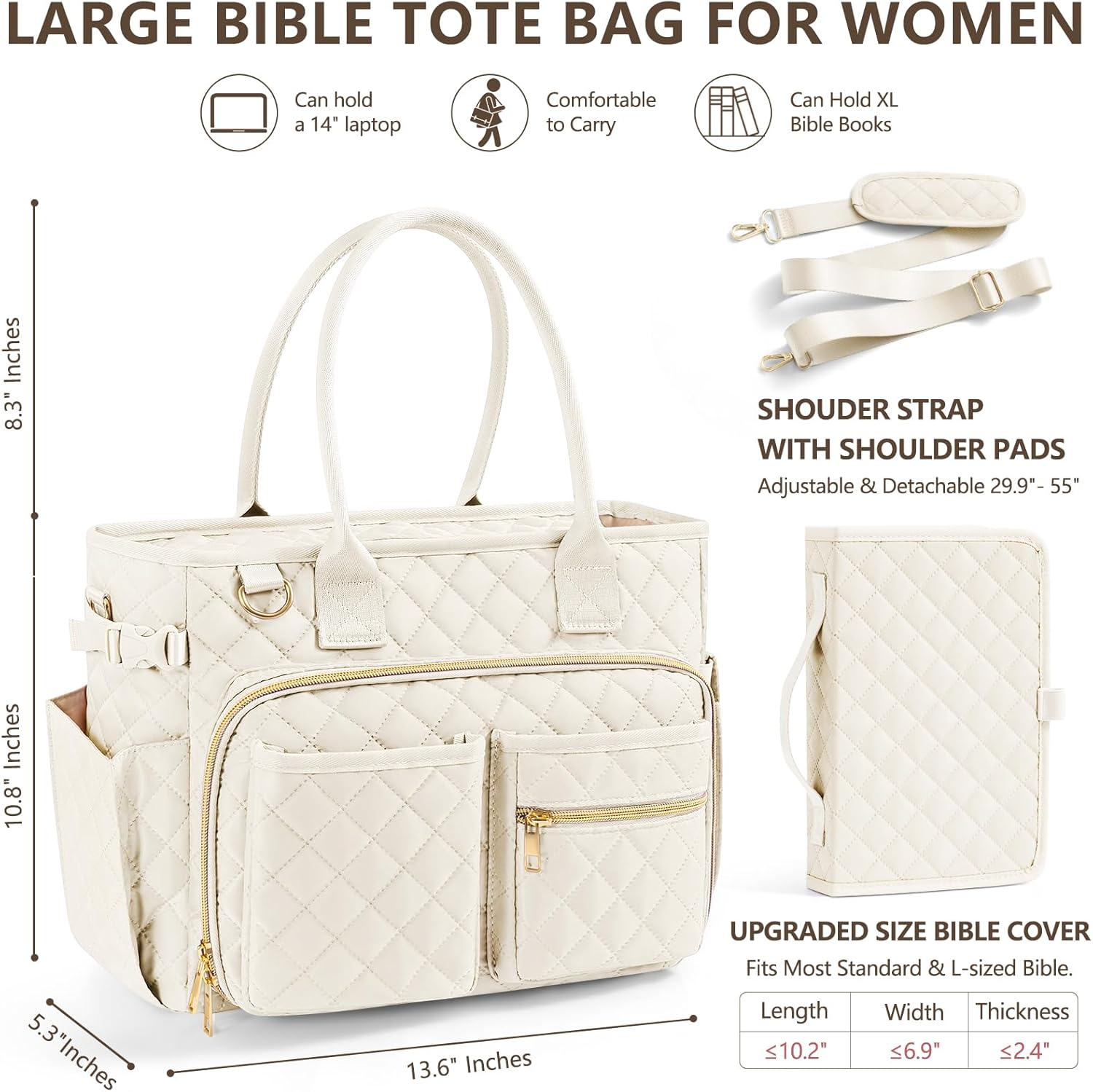 Large Bible Bag with Bible Cover Case for Women, Quilted Church Tote Bag Bible Carrying Case w/Shoulder Strap, Bible Study Supplies Journaling Kit Bible Accessories Christmas Christian Gifts for Women