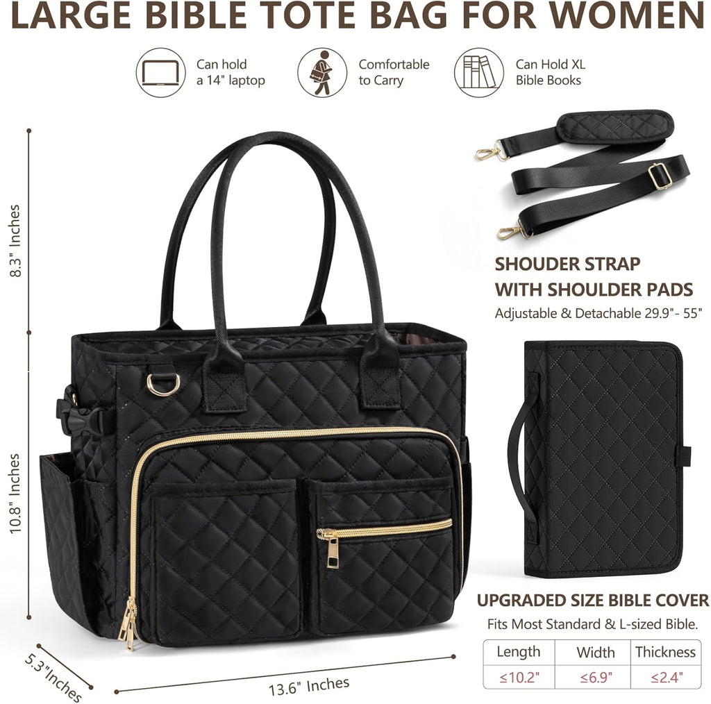 Large Bible Bag with Bible Cover Case for Women, Quilted Church Tote Bag Bible Carrying Case w/Shoulder Strap, Bible Study Supplies Journaling Kit Bible Accessories Christmas Christian Gifts for Women