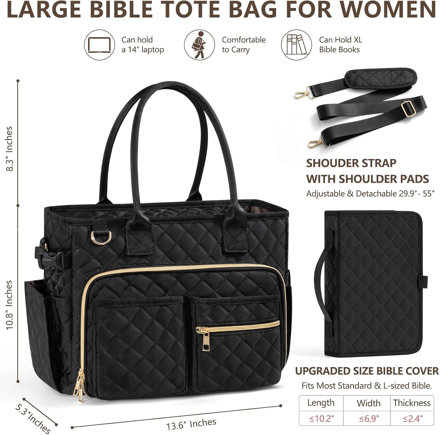 Large Bible Bag with Bible Cover Case for Women, Quilted Church Tote Bag Bible Carrying Case w/Shoulder Strap, Bible Study Supplies Journaling Kit Bible Accessories Christmas Christian Gifts for Women