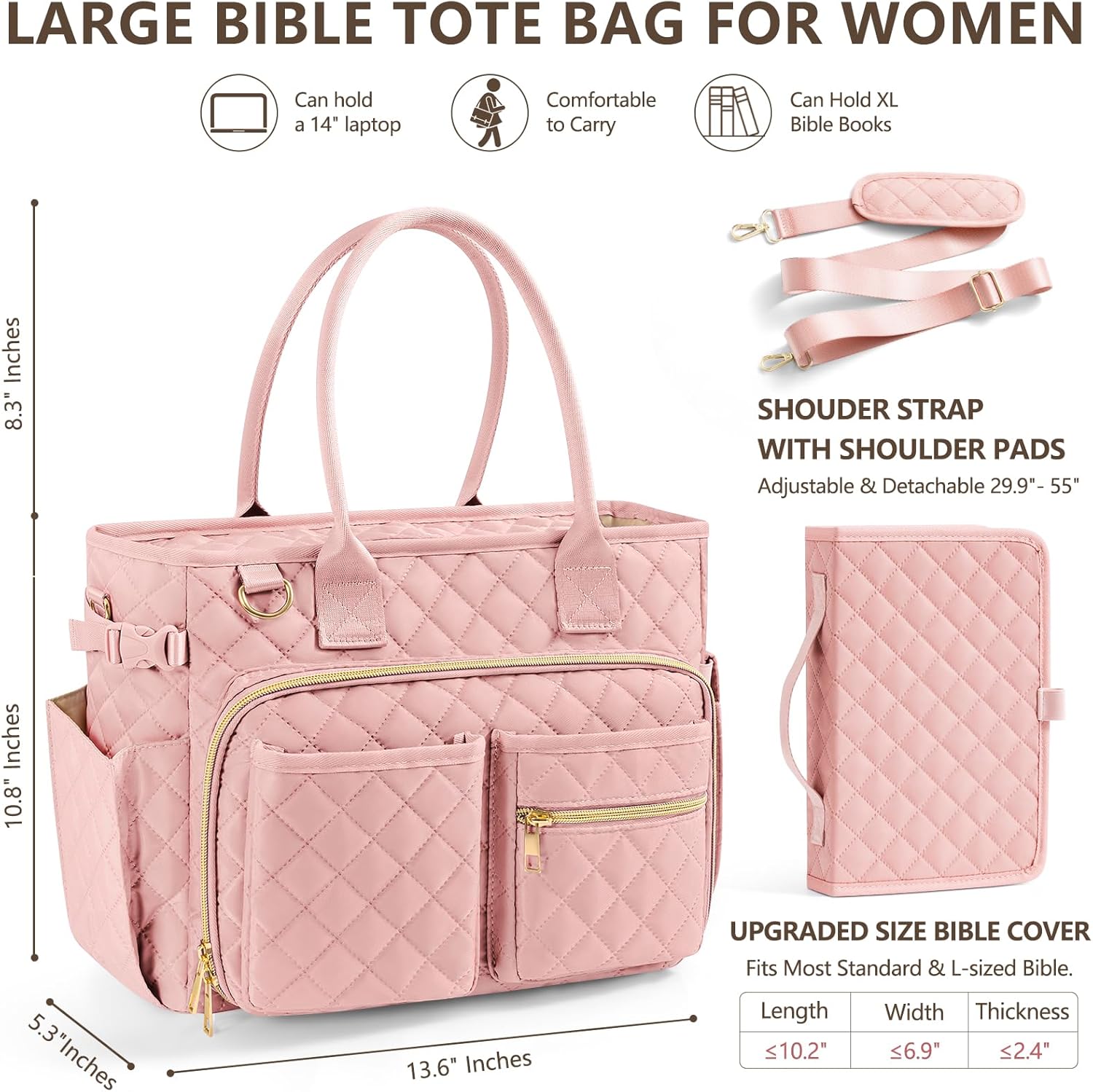 Large Bible Bag with Bible Cover Case for Women, Quilted Church Tote Bag Bible Carrying Case w/Shoulder Strap, Bible Study Supplies Journaling Kit Bible Accessories Christmas Christian Gifts for Women