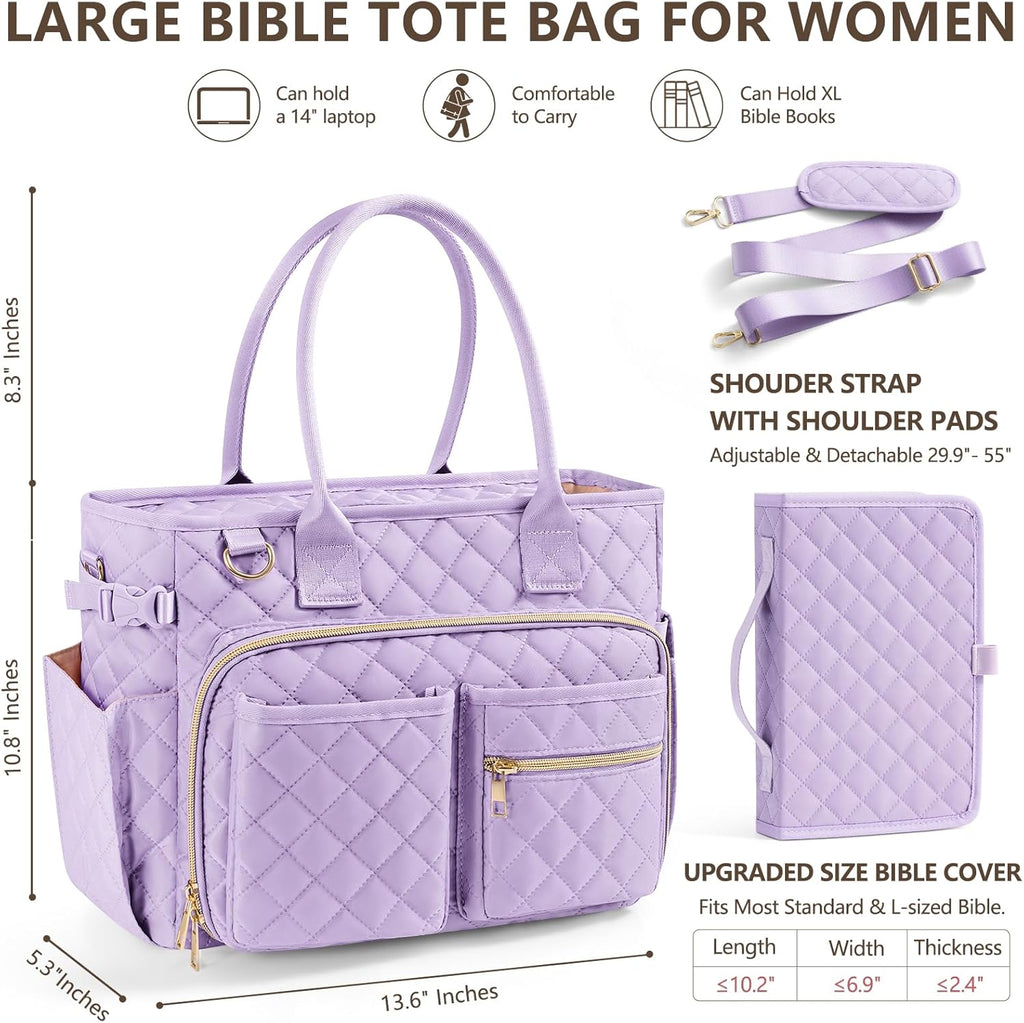Large Bible Bag with Bible Cover Case for Women, Quilted Church Tote Bag Bible Carrying Case w/Shoulder Strap, Bible Study Supplies Journaling Kit Bible Accessories Christmas Christian Gifts for Women