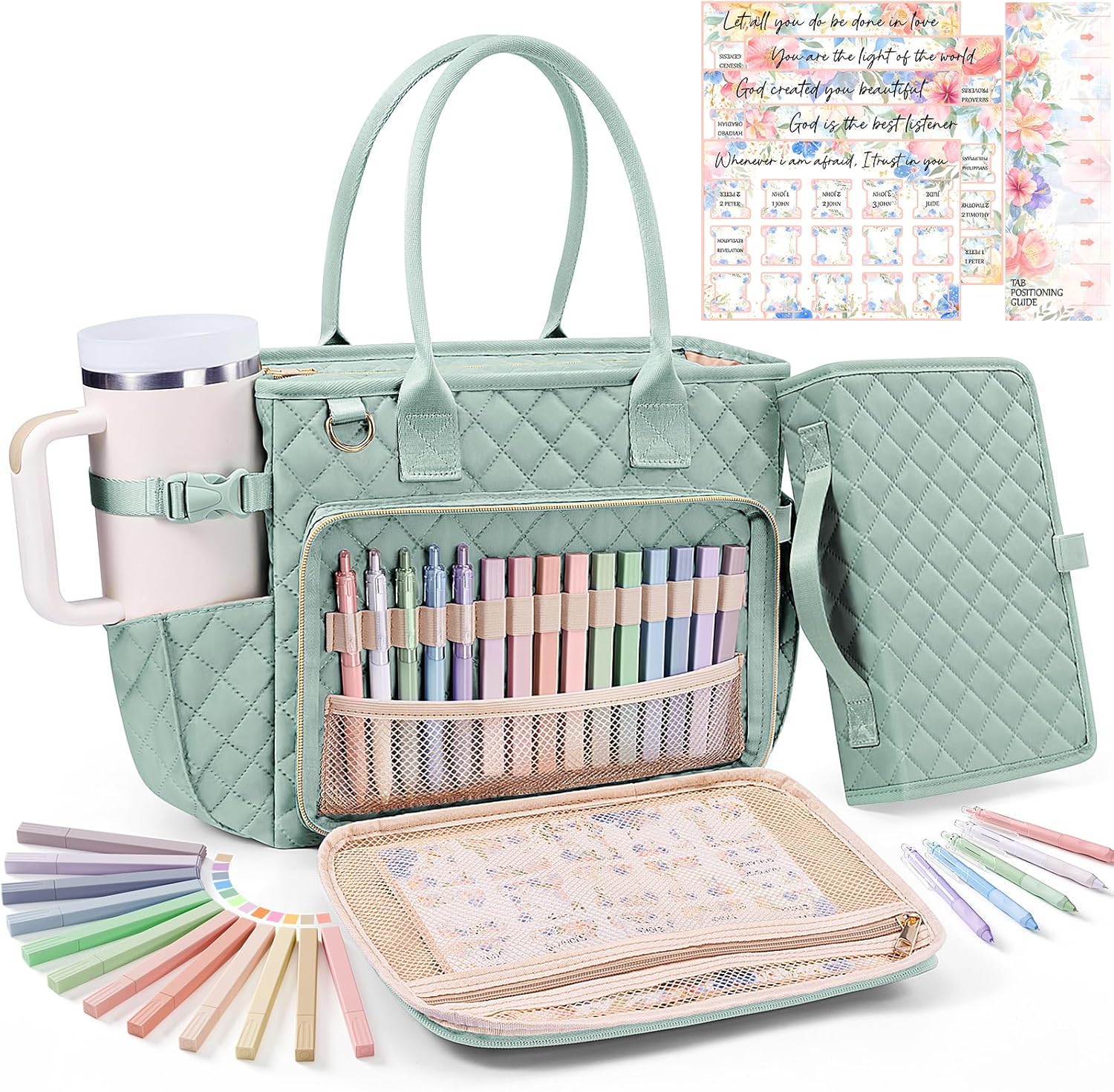 Large Bible Bag with Bible Cover Case for Women, Quilted Church Tote Bag Bible Carrying Case w/Shoulder Strap, Bible Study Supplies Journaling Kit Bible Accessories Christmas Christian Gifts for Women