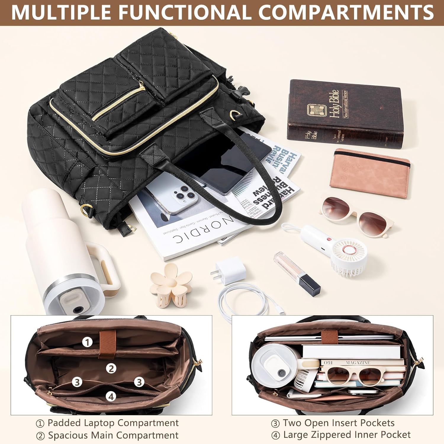 Large Bible Bag with Bible Cover Case for Women, Quilted Church Tote Bag Bible Carrying Case w/Shoulder Strap, Bible Study Supplies Journaling Kit Bible Accessories Christmas Christian Gifts for Women