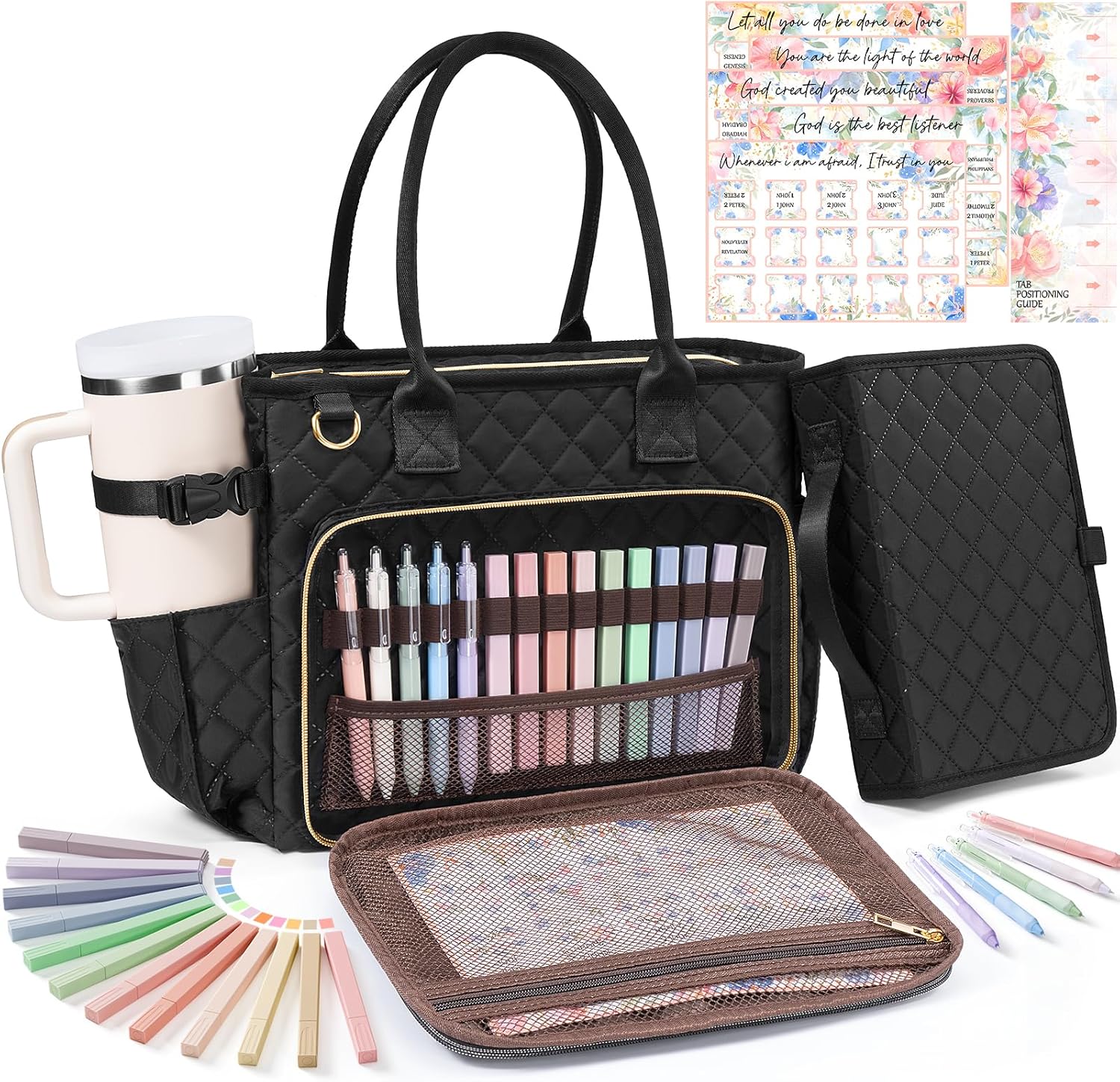 Large Bible Bag with Bible Cover Case for Women, Quilted Church Tote Bag Bible Carrying Case w/Shoulder Strap, Bible Study Supplies Journaling Kit Bible Accessories Christmas Christian Gifts for Women