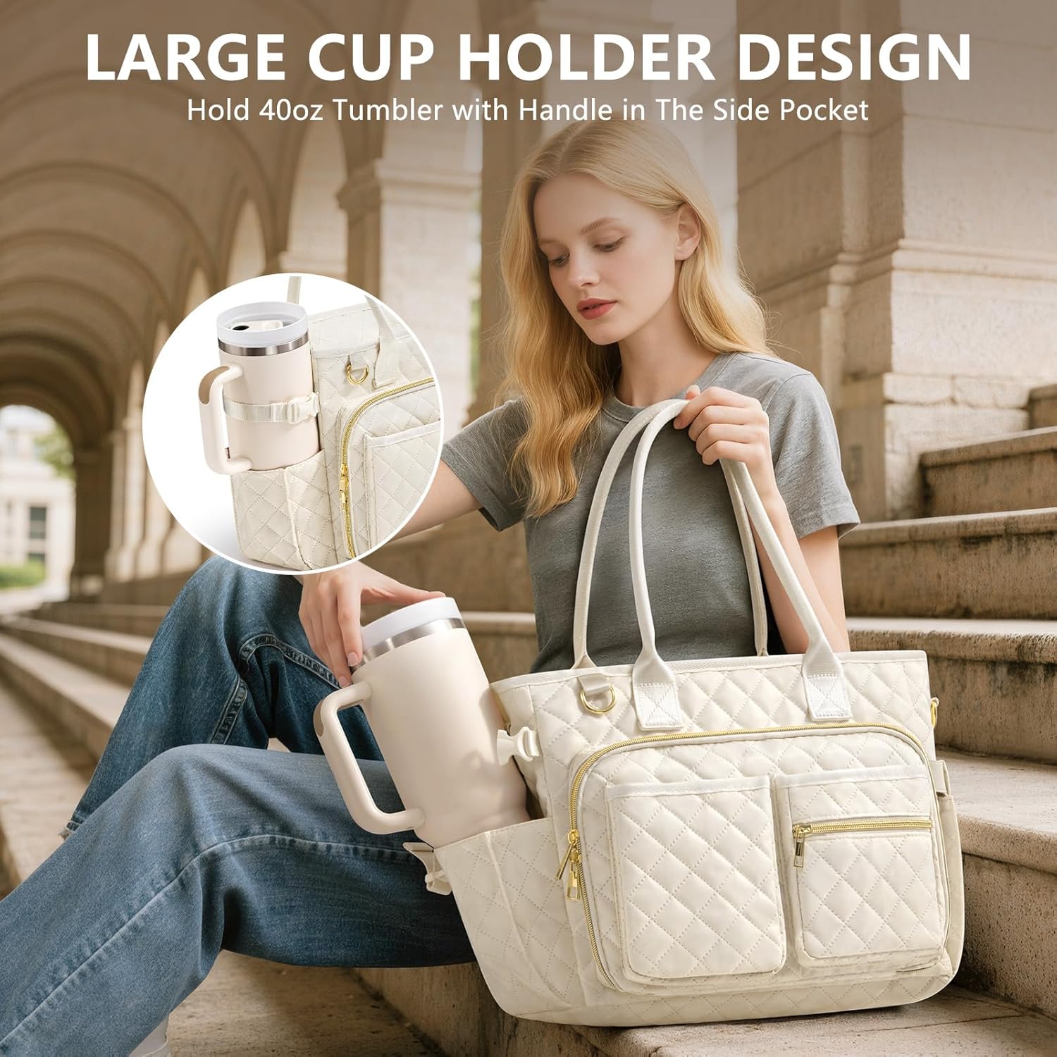 Large Bible Bag with Bible Cover Case for Women, Quilted Church Tote Bag Bible Carrying Case w/Shoulder Strap, Bible Study Supplies Journaling Kit Bible Accessories Christmas Christian Gifts for Women