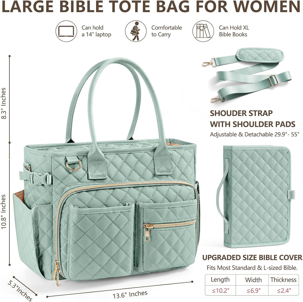 Large Bible Bag with Bible Cover Case for Women, Quilted Church Tote Bag Bible Carrying Case w/Shoulder Strap, Bible Study Supplies Journaling Kit Bible Accessories Christmas Christian Gifts for Women
