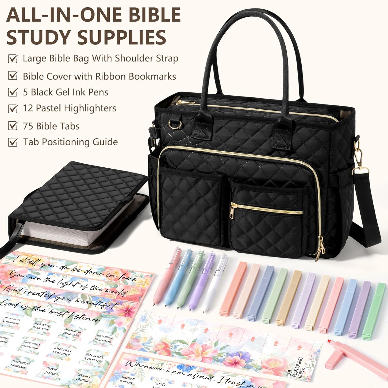 Large Bible Bag with Bible Cover Case for Women, Quilted Church Tote Bag Bible Carrying Case w/Shoulder Strap, Bible Study Supplies Journaling Kit Bible Accessories Christmas Christian Gifts for Women