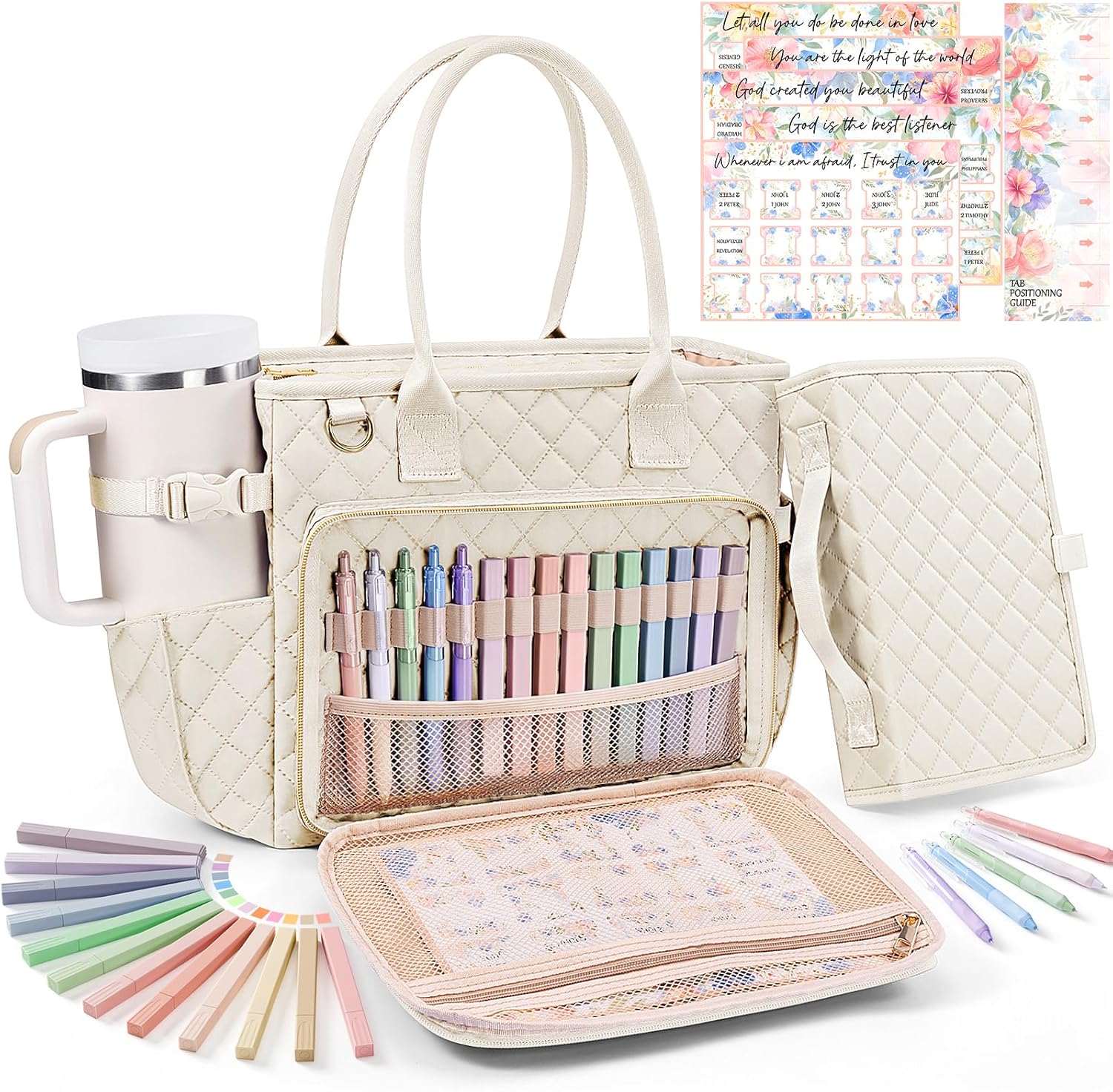 Large Bible Bag with Bible Cover Case for Women, Quilted Church Tote Bag Bible Carrying Case w/Shoulder Strap, Bible Study Supplies Journaling Kit Bible Accessories Christmas Christian Gifts for Women