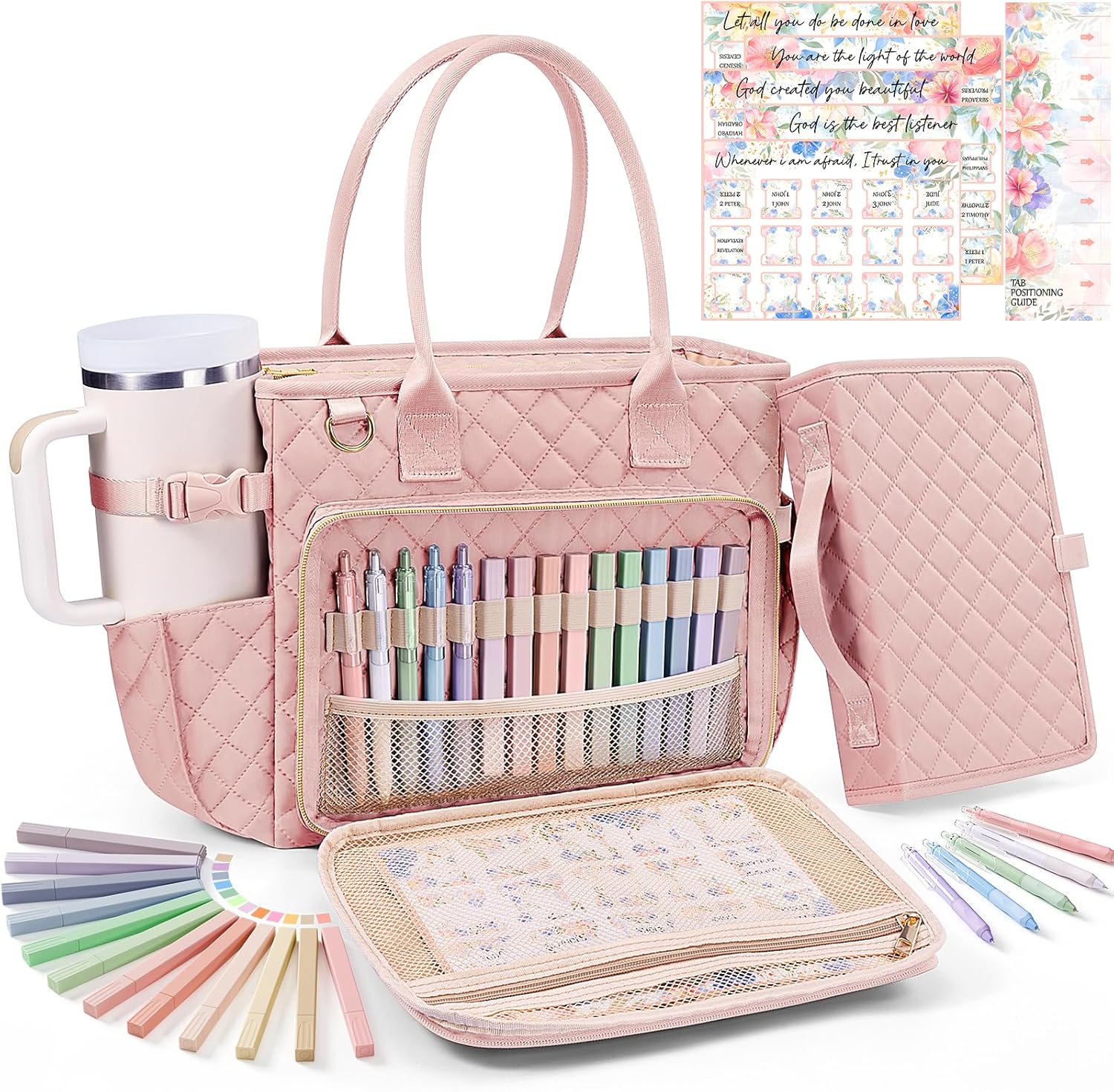 Large Bible Bag with Bible Cover Case for Women, Quilted Church Tote Bag Bible Carrying Case w/Shoulder Strap, Bible Study Supplies Journaling Kit Bible Accessories Christmas Christian Gifts for Women