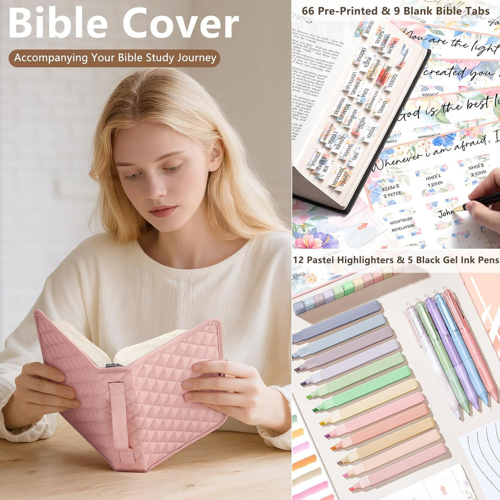 Large Bible Bag with Bible Cover Case for Women, Quilted Church Tote Bag Bible Carrying Case w/Shoulder Strap, Bible Study Supplies Journaling Kit Bible Accessories Christmas Christian Gifts for Women